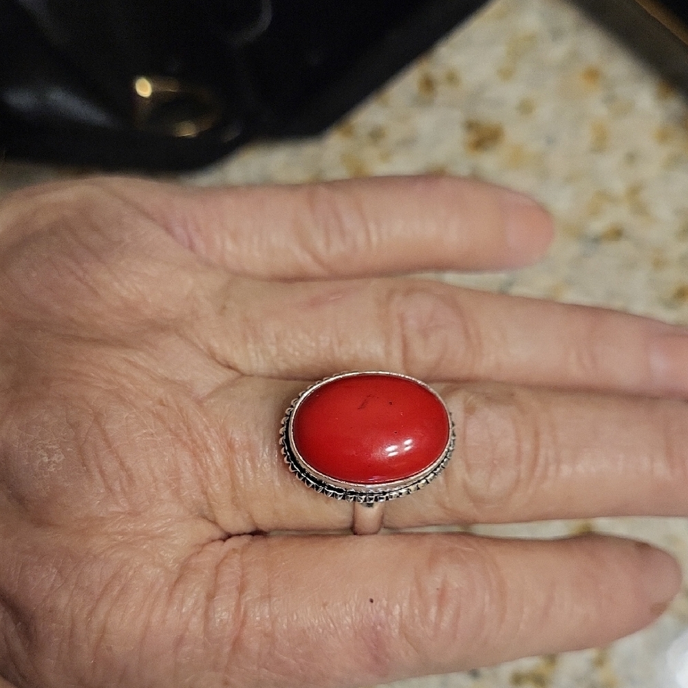 Elegant Red  Coral Oval Sterling Silver Ring LABOR DAY SALE